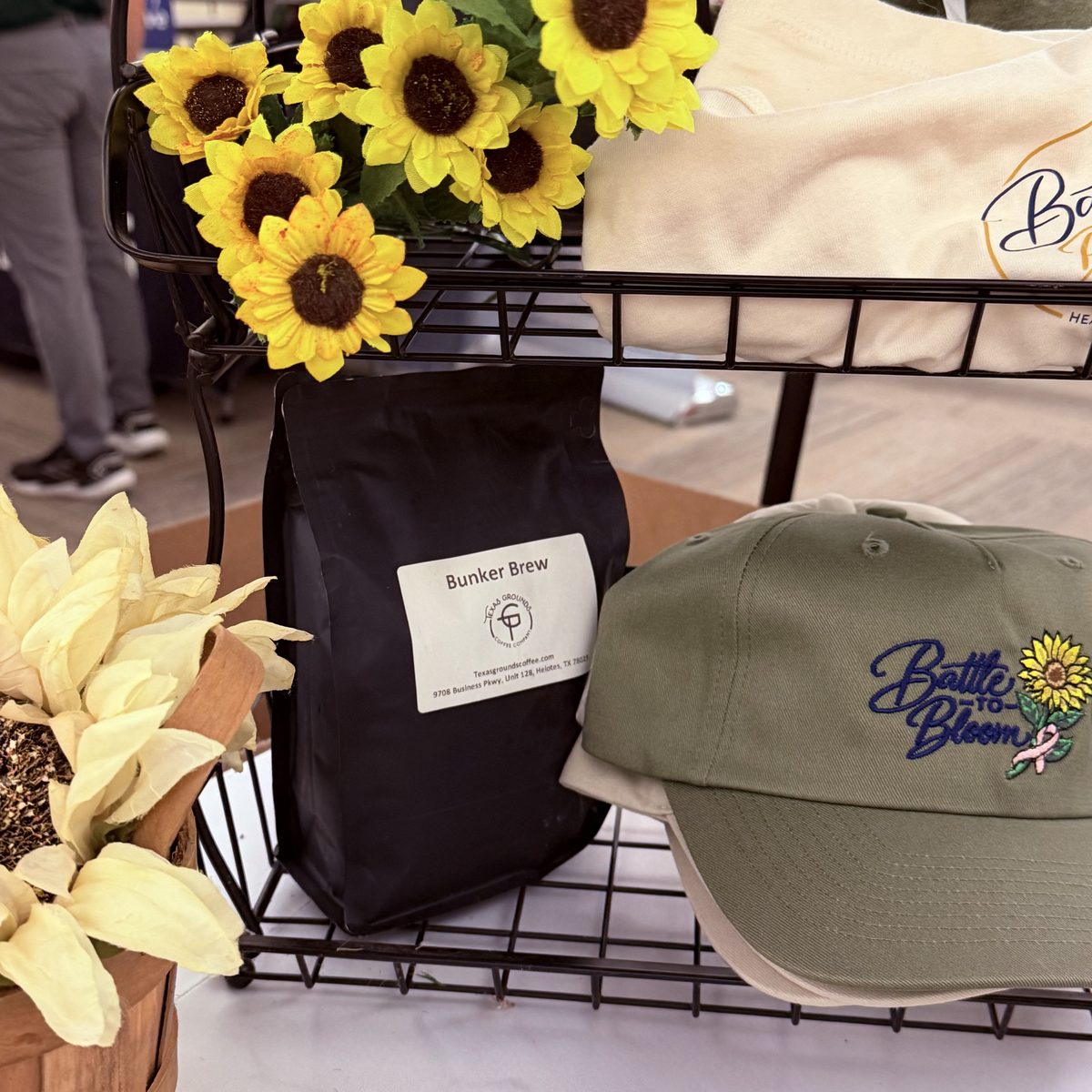 Bunker Brew coffee bag and Battle to Bloom hat